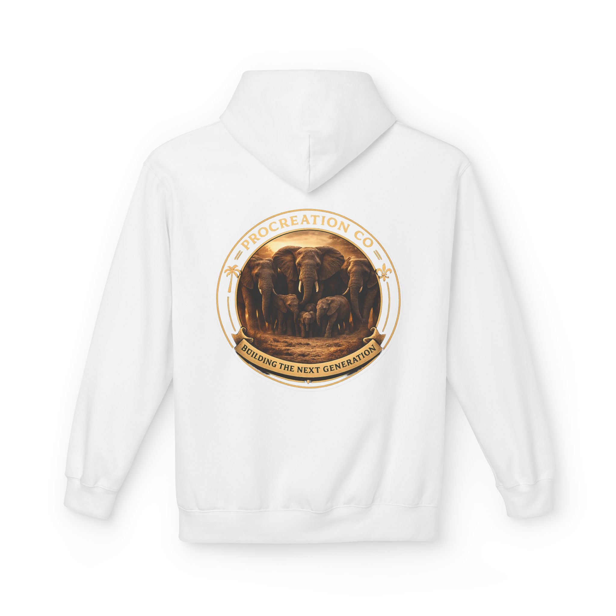Hoodie — Vintage Elephant Family Graphic Back Print “Procreation Co. — Producing the Next Generation”